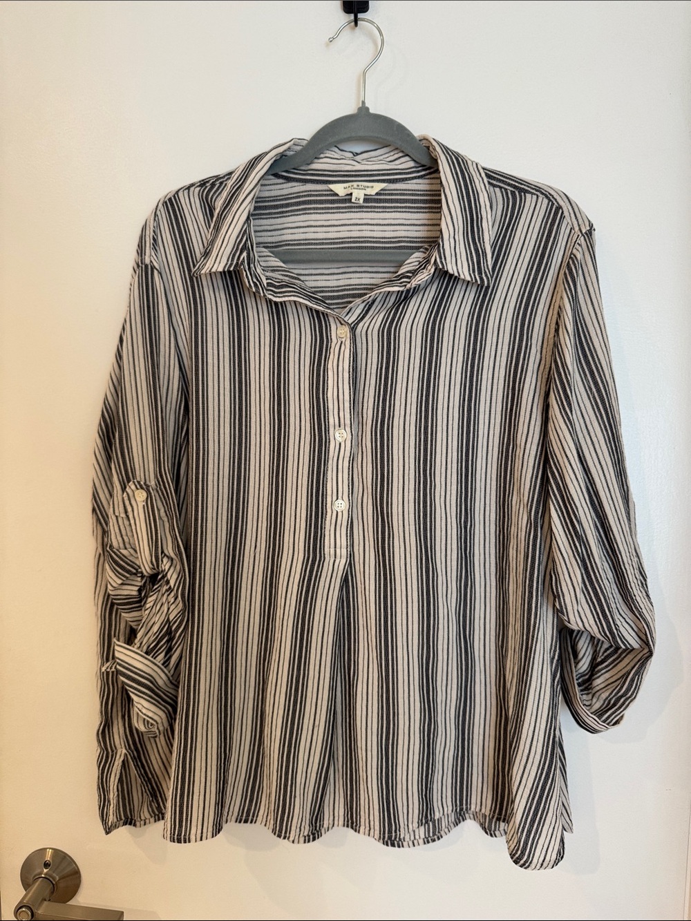 Max Studio Black and White Vertical Stripe Button-Down Shirt
